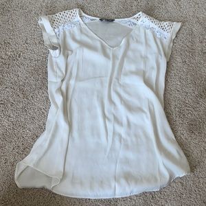 Satiny White Express Blouse W/Lace & Laser Sleeves